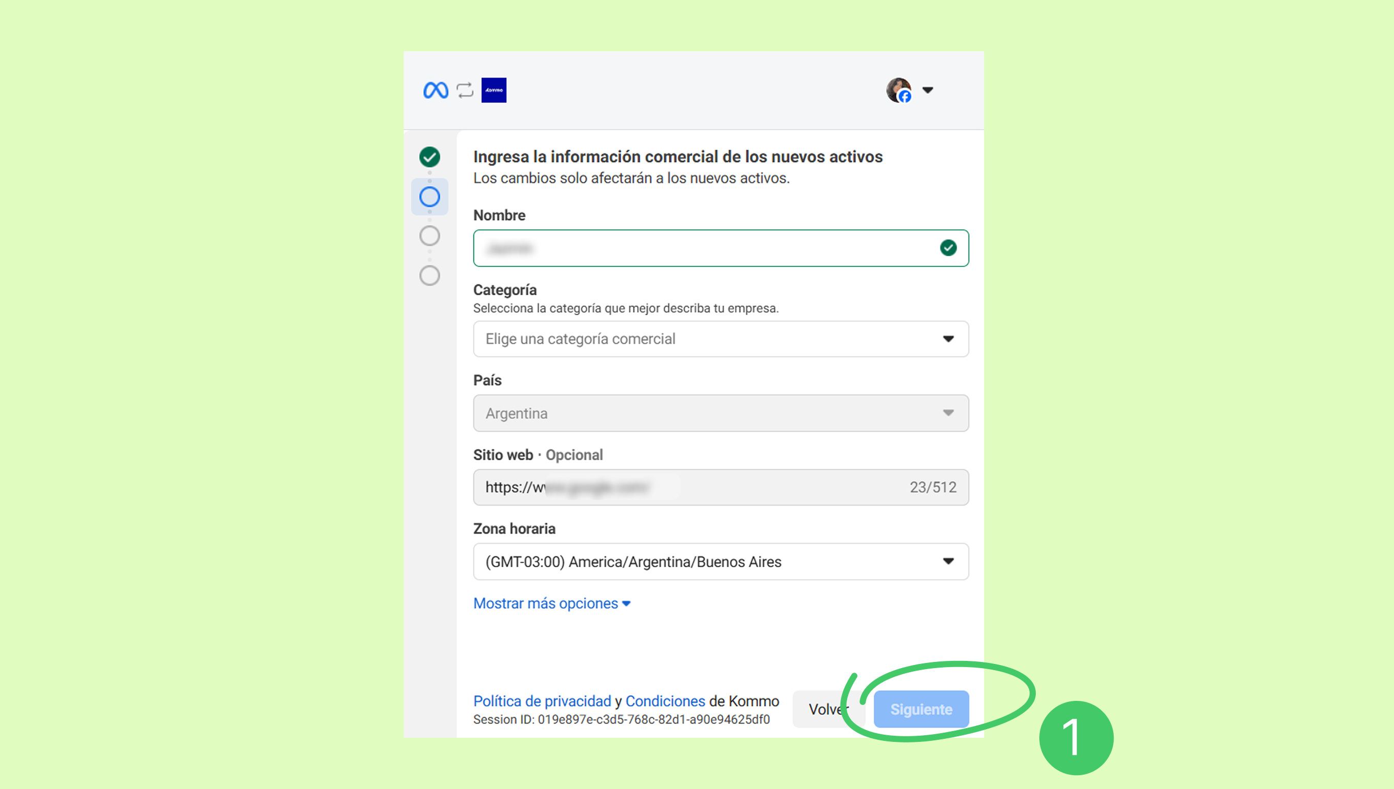 Form for entering business information with a highlighted 'Next' button.